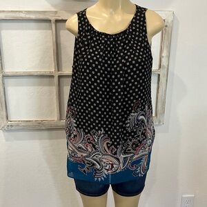 White House Black Market Black and Teal Paisley Blouse